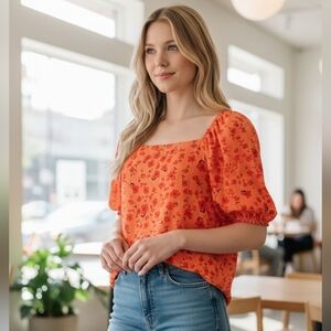 Ann Taylor Factory Floral Blouse - Orange and Red